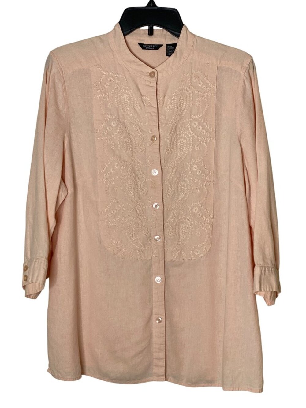 Autograph Woman 100% Linen Embroidered Tunic Blouse Plus Size 1X Boho 3/4 Sleeve